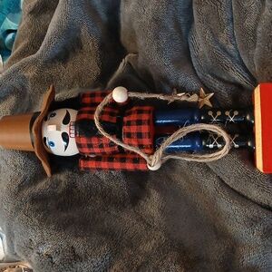 WOODEN NUTCRACKER Western/Rodeo Theme 9.75" Tall Red Black Check Shirt Boots Rop
